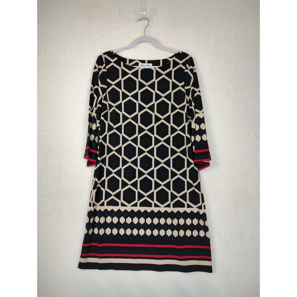 Laura Jeffries Womens Geometric Honeycomb Shift Dress Black Red Cream Size 12